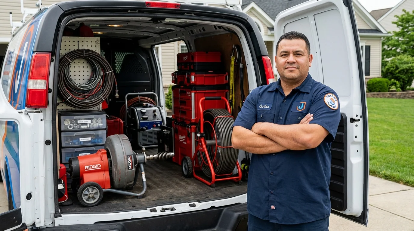 Professional drain cleaning equipment and Johns Plumbing LLC plumber in Hinckley