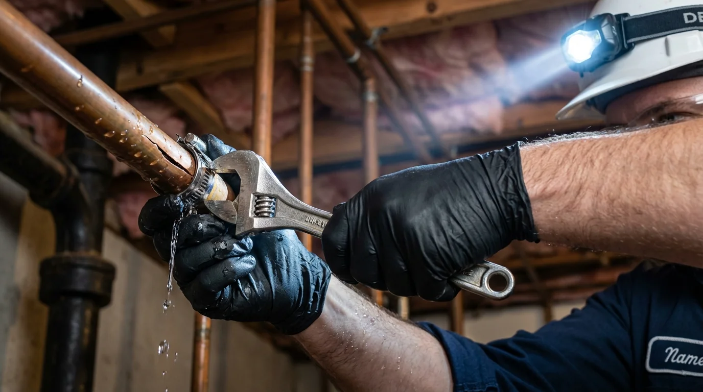 Emergency pipe clamp repair being performed by a Johns Plumbing LLC plumber in Hinckley