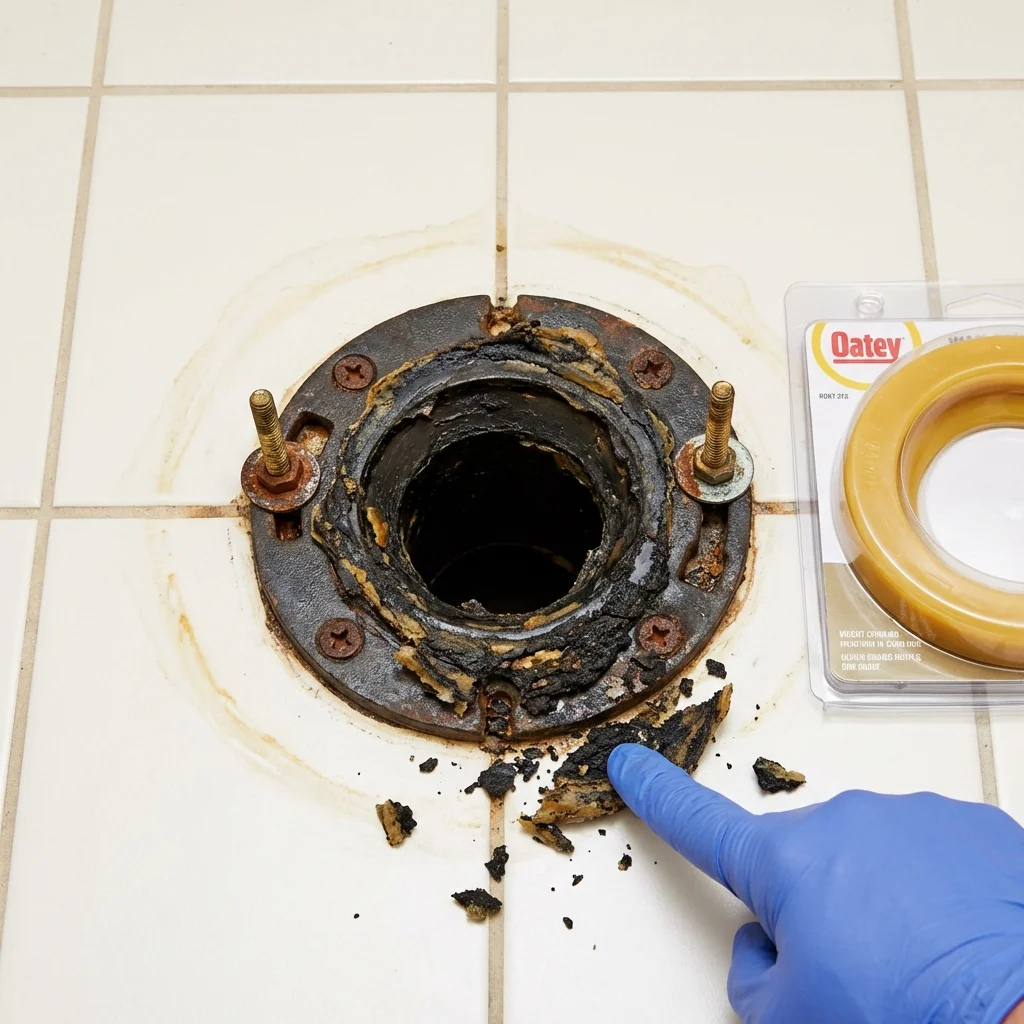 Failed wax ring showing water seepage at the base of a toilet in a Hinckley, MN home