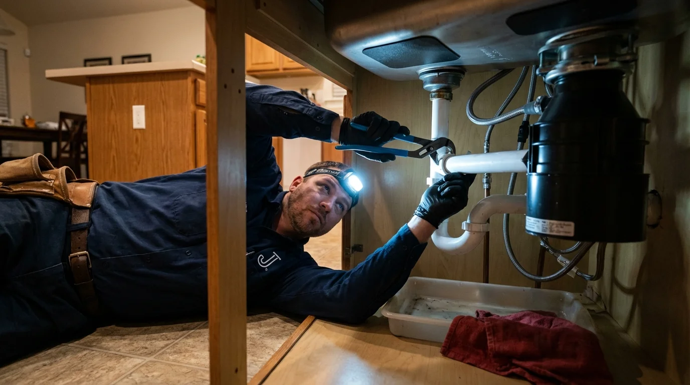 P-trap and supply line connections under a kitchen sink showing a common leak point in Hinckley, MN